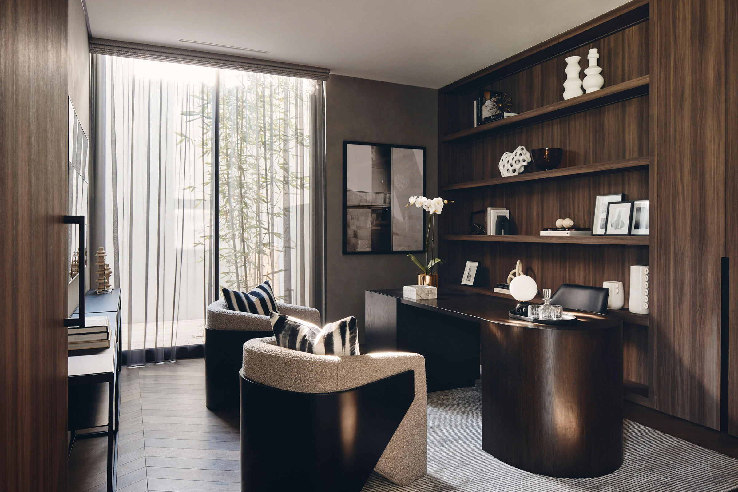 Timber study interior and built-in shelving in Toorak home