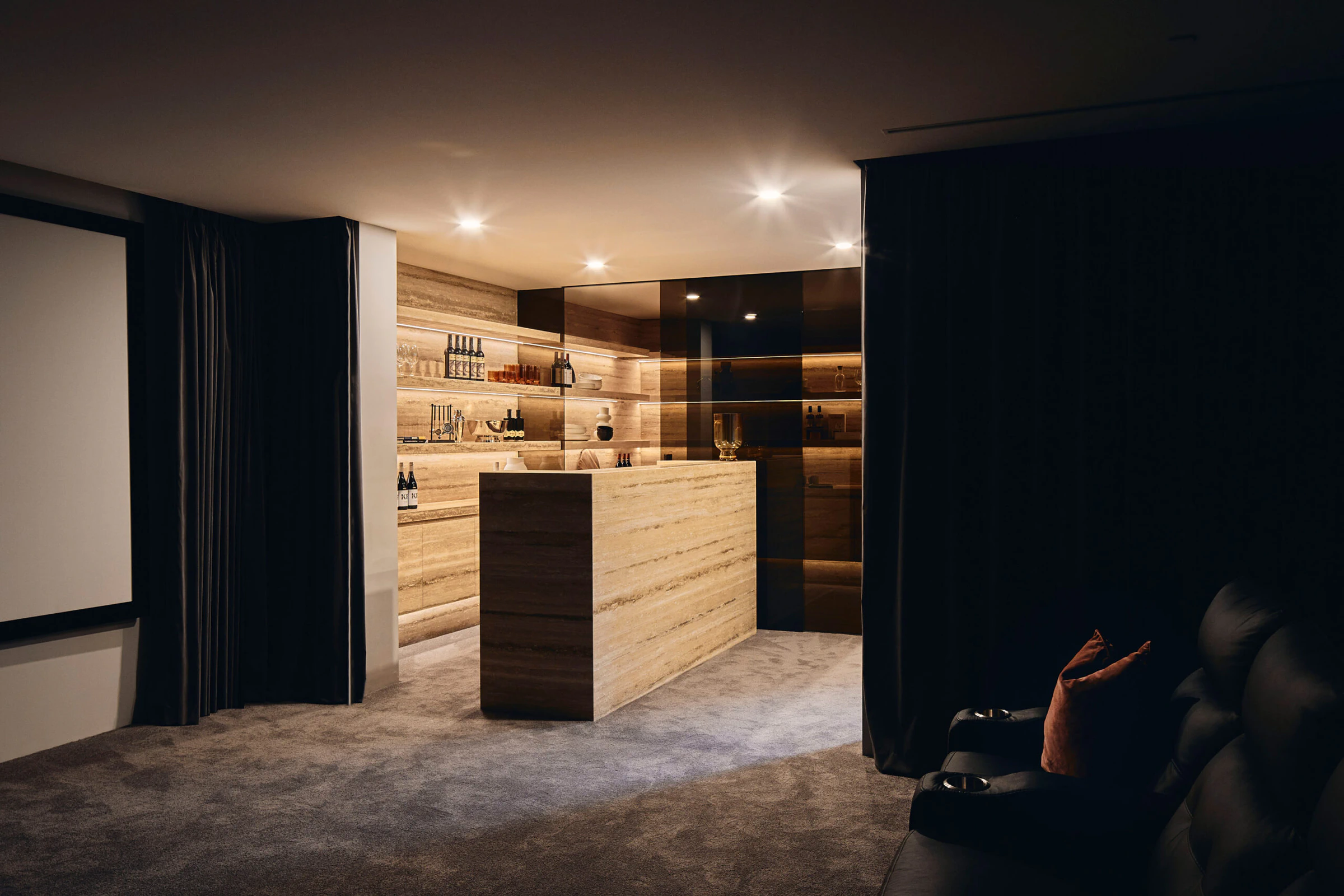 Timber bar and home cinema interior in Toorak residence
