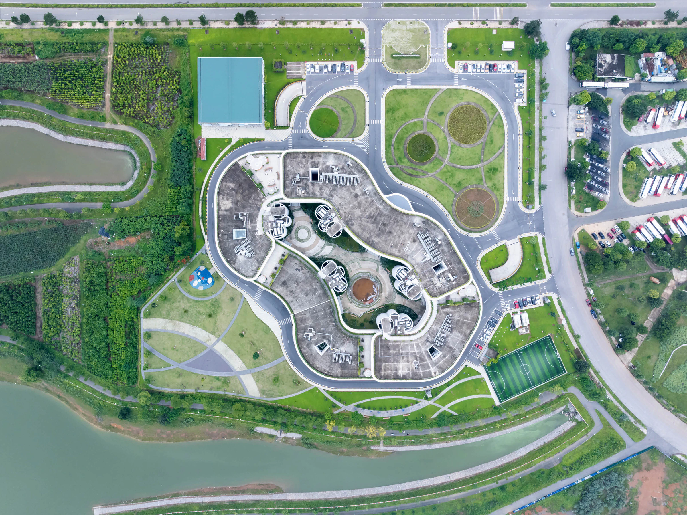 Aerial view of Infinity Village office campus and landscaped courtyards