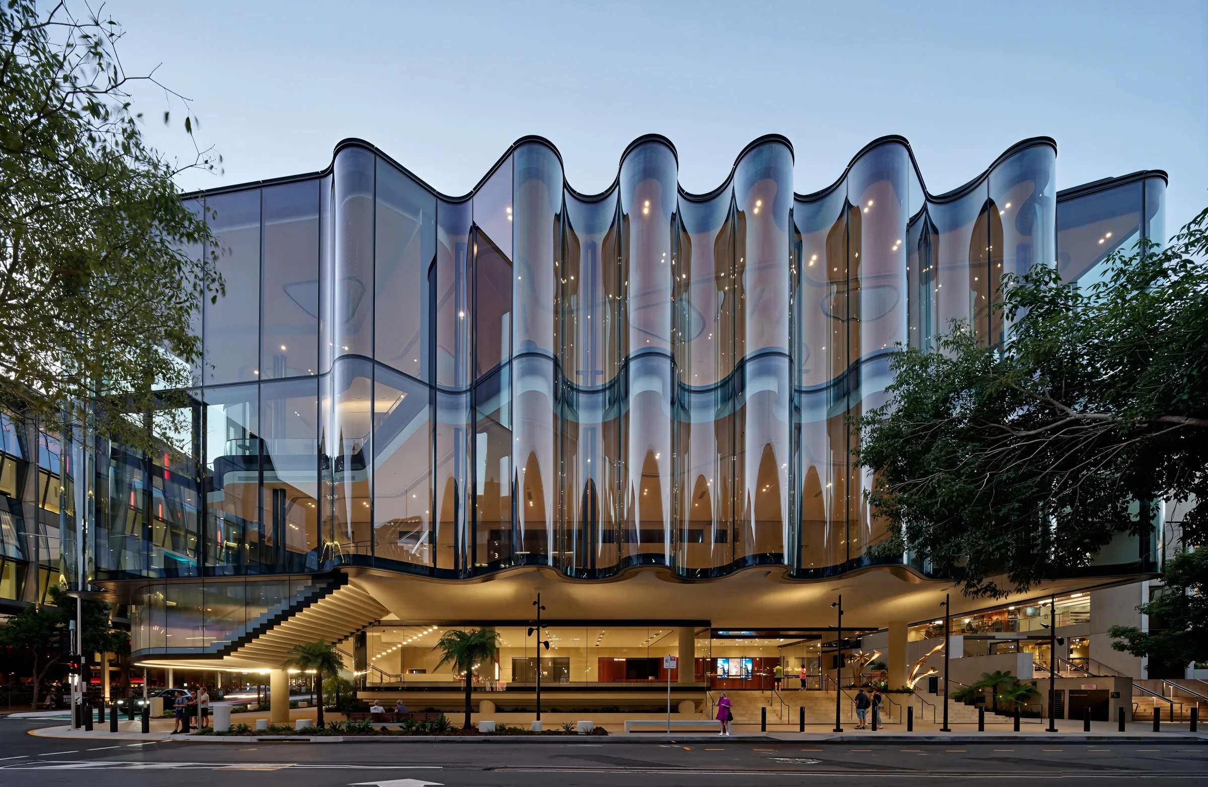 Curved glass façade of the Glasshouse Theatre