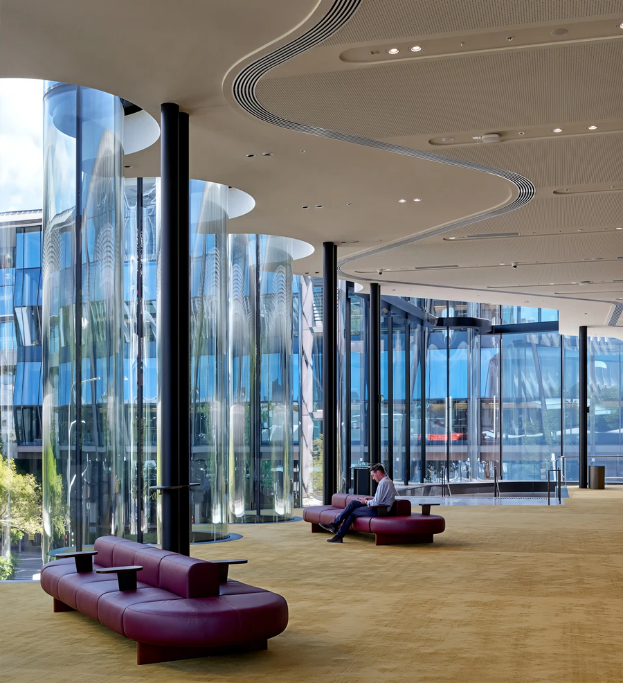 Curved glass transparent foyer of the Glasshouse Theatre