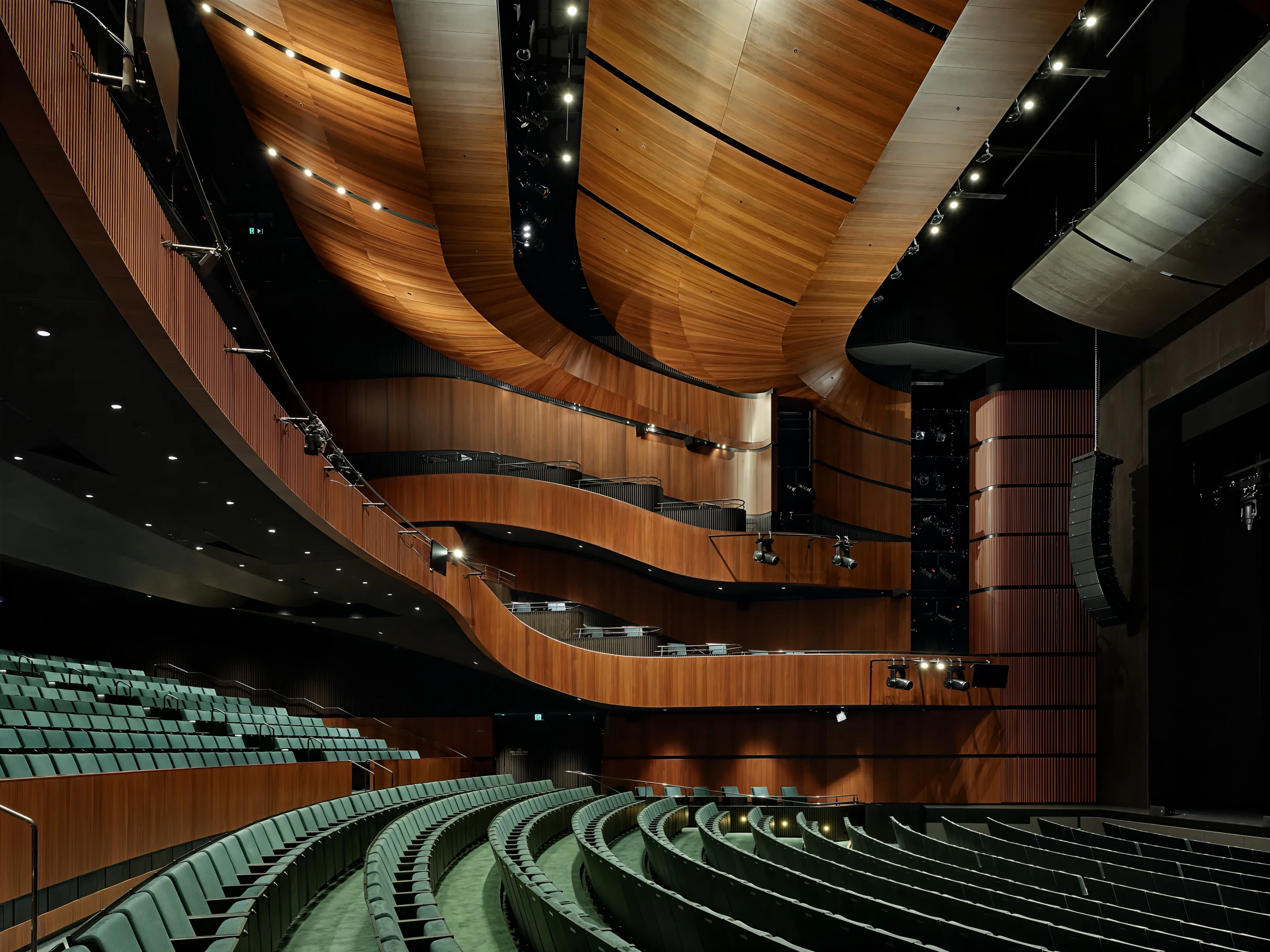 Curved timber ceiling and tiered seating in theatre auditorium