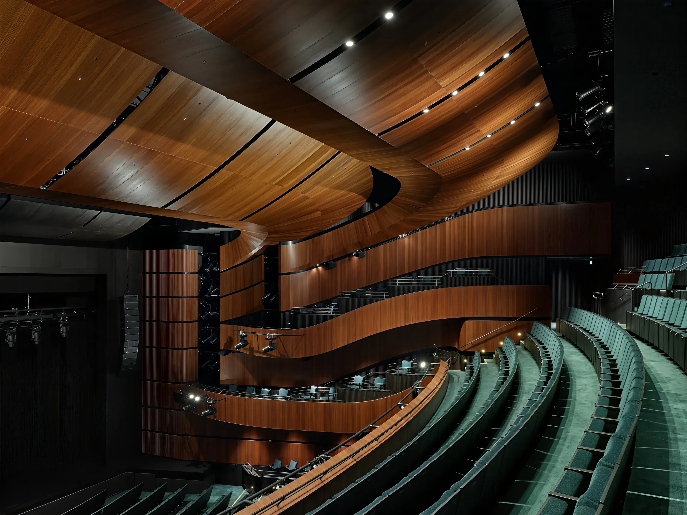 Curved timber ceiling and tiered seating in theatre auditorium