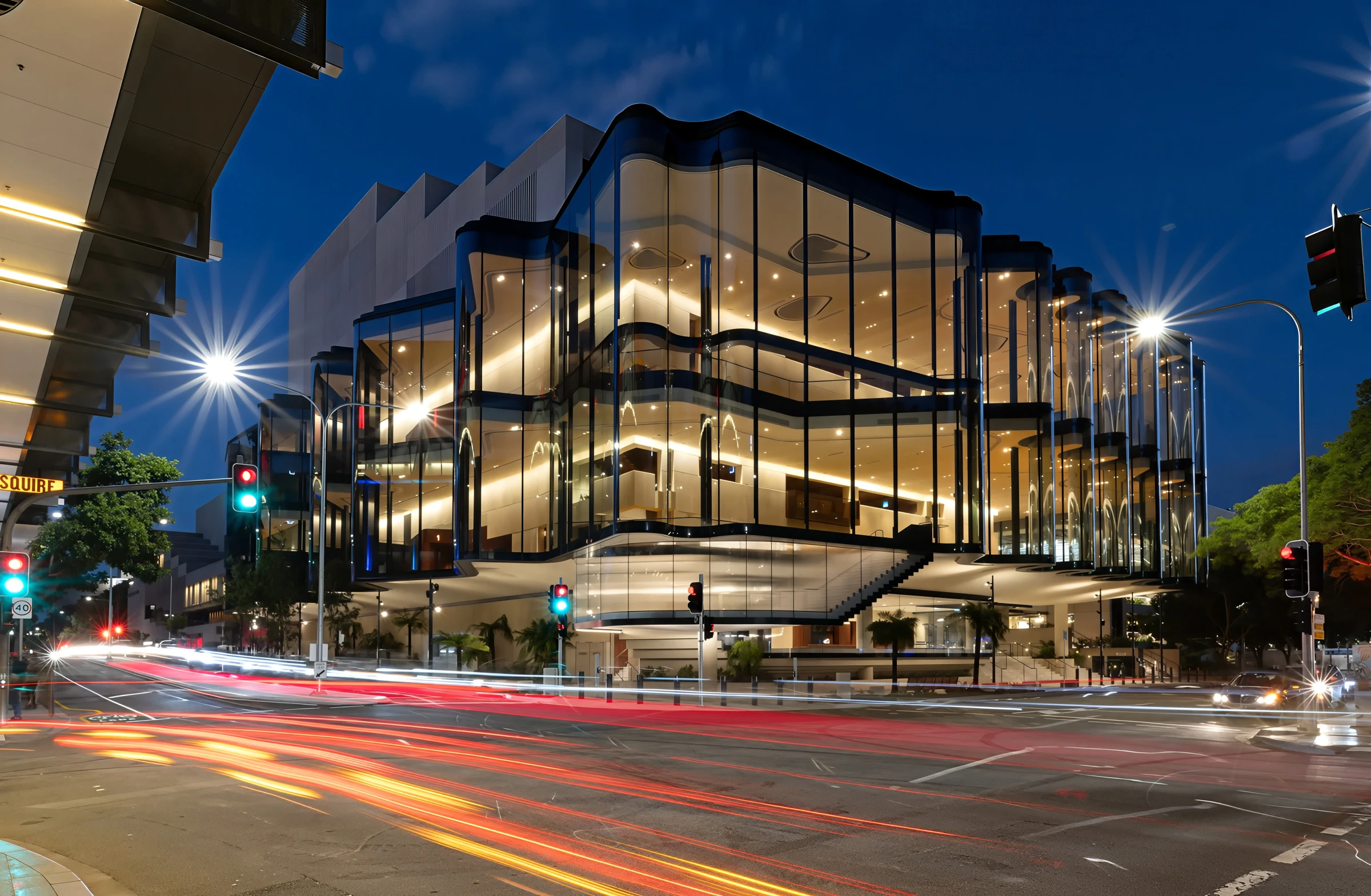 Curved glass transparent façade of the Glasshouse Theatre at night