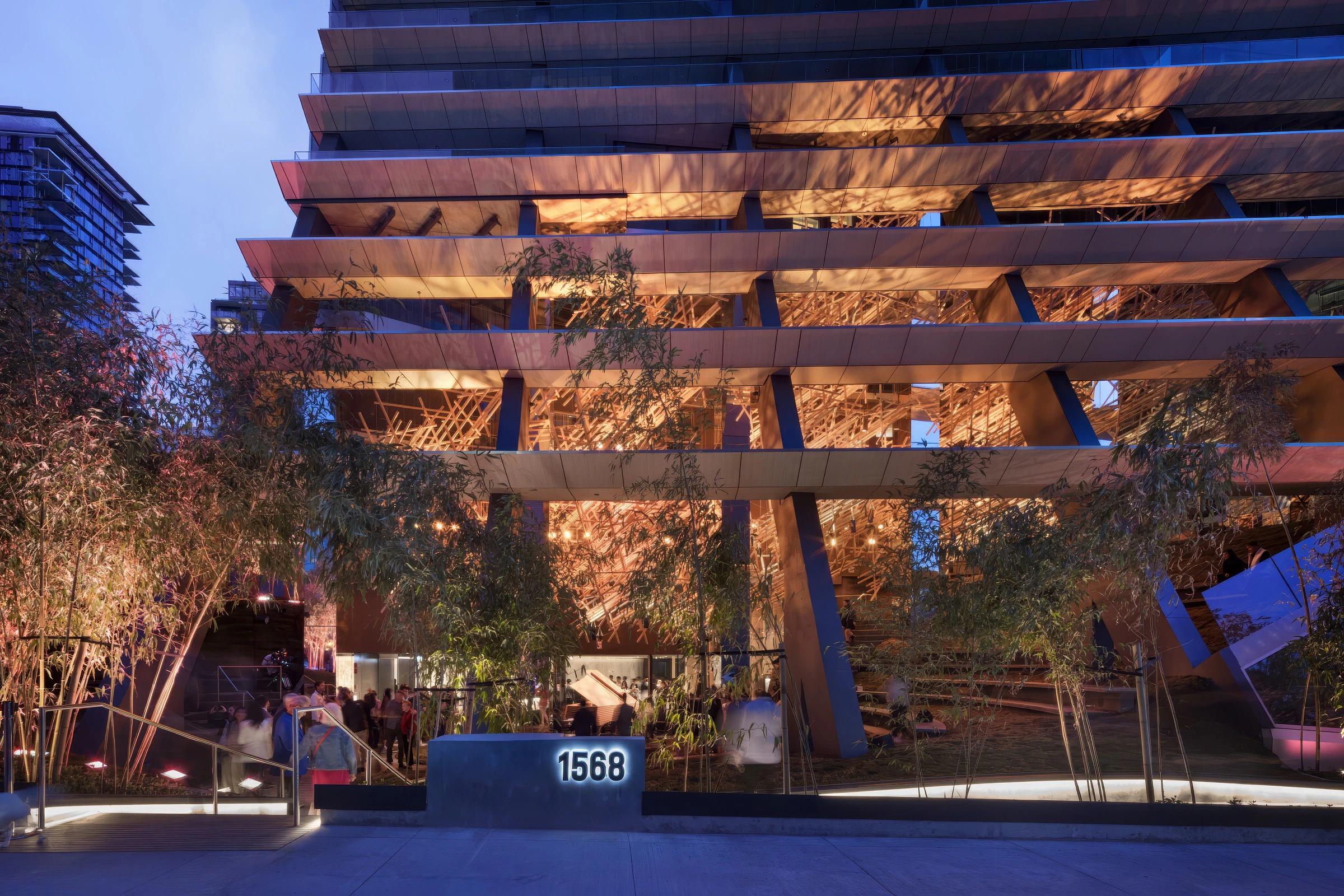 Grand entrance of the Alberni by Kengo Kuma at night