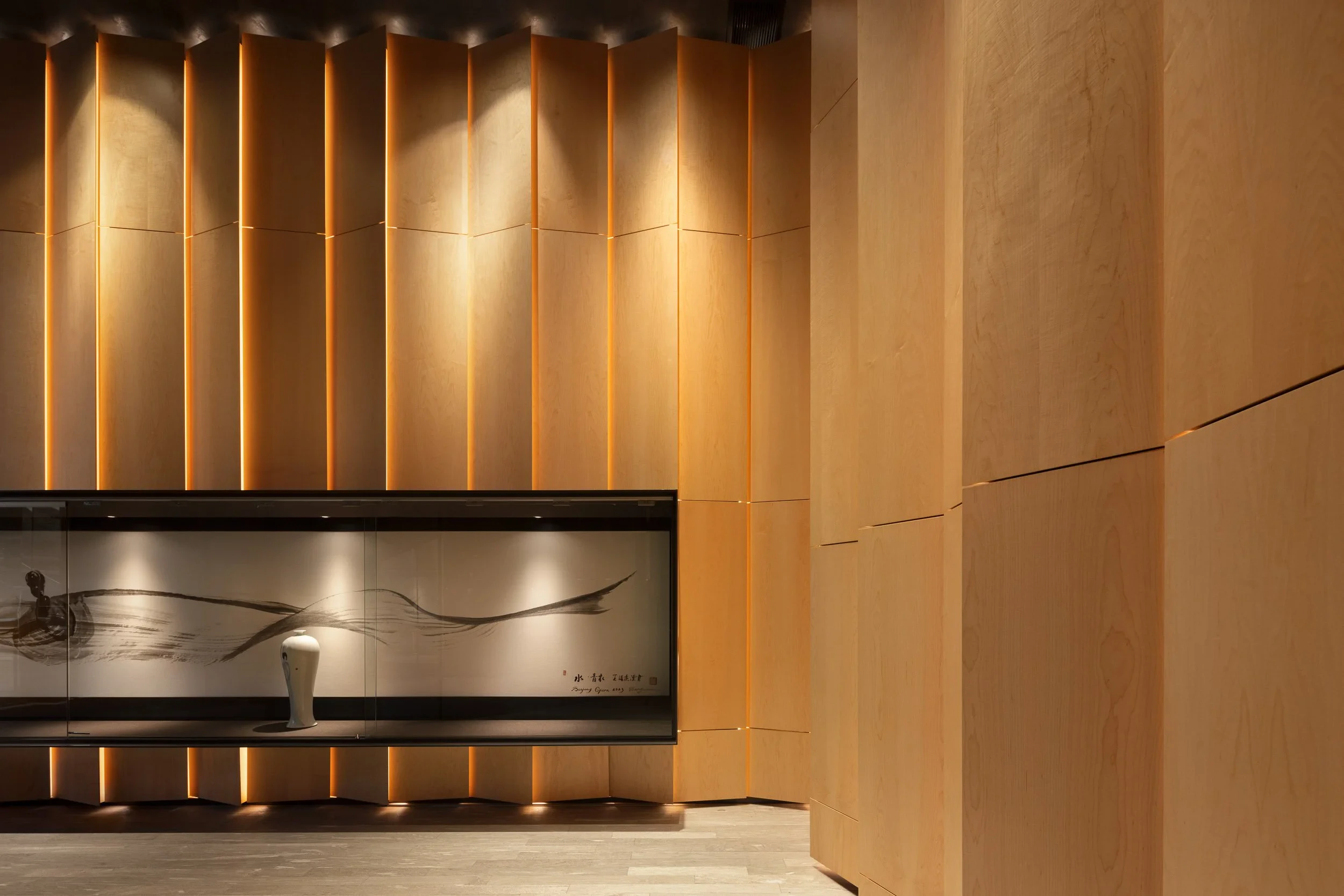 Wood panel wall and display case in the Alberni Tower