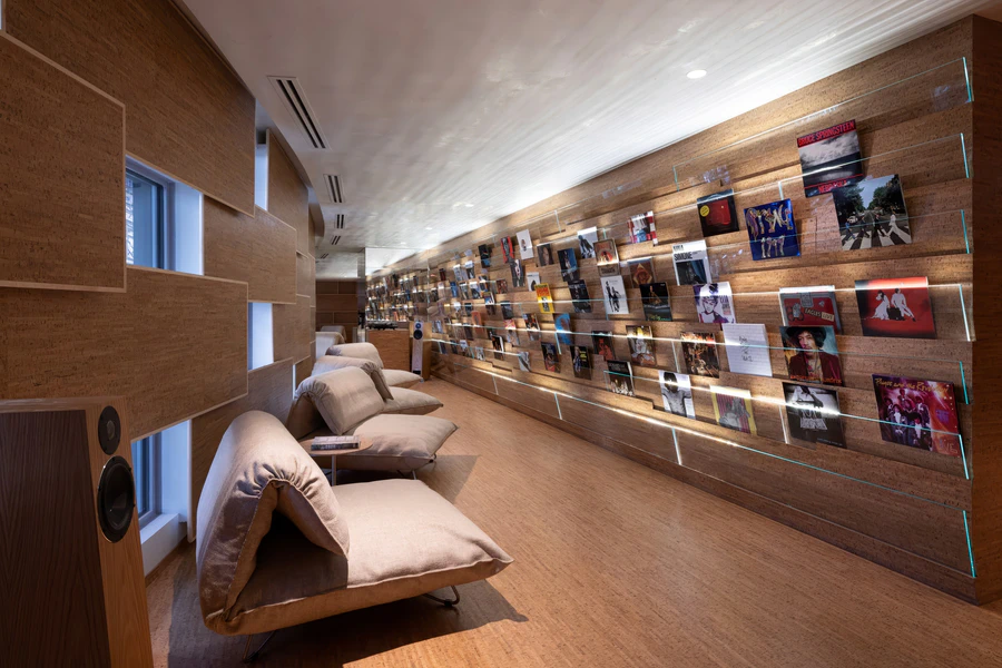 The cork-lined listening room of the Alberni Tower