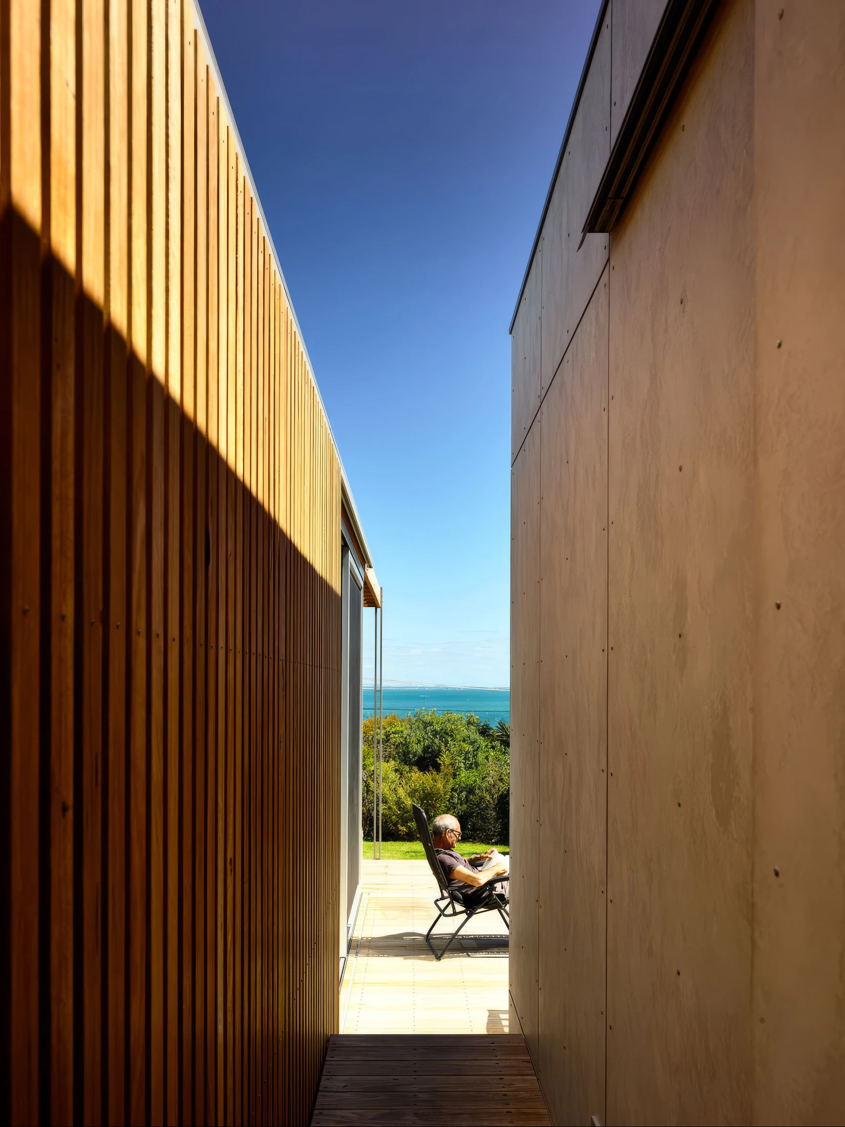 Slatted timber screens and plywood walls at coastal beach house