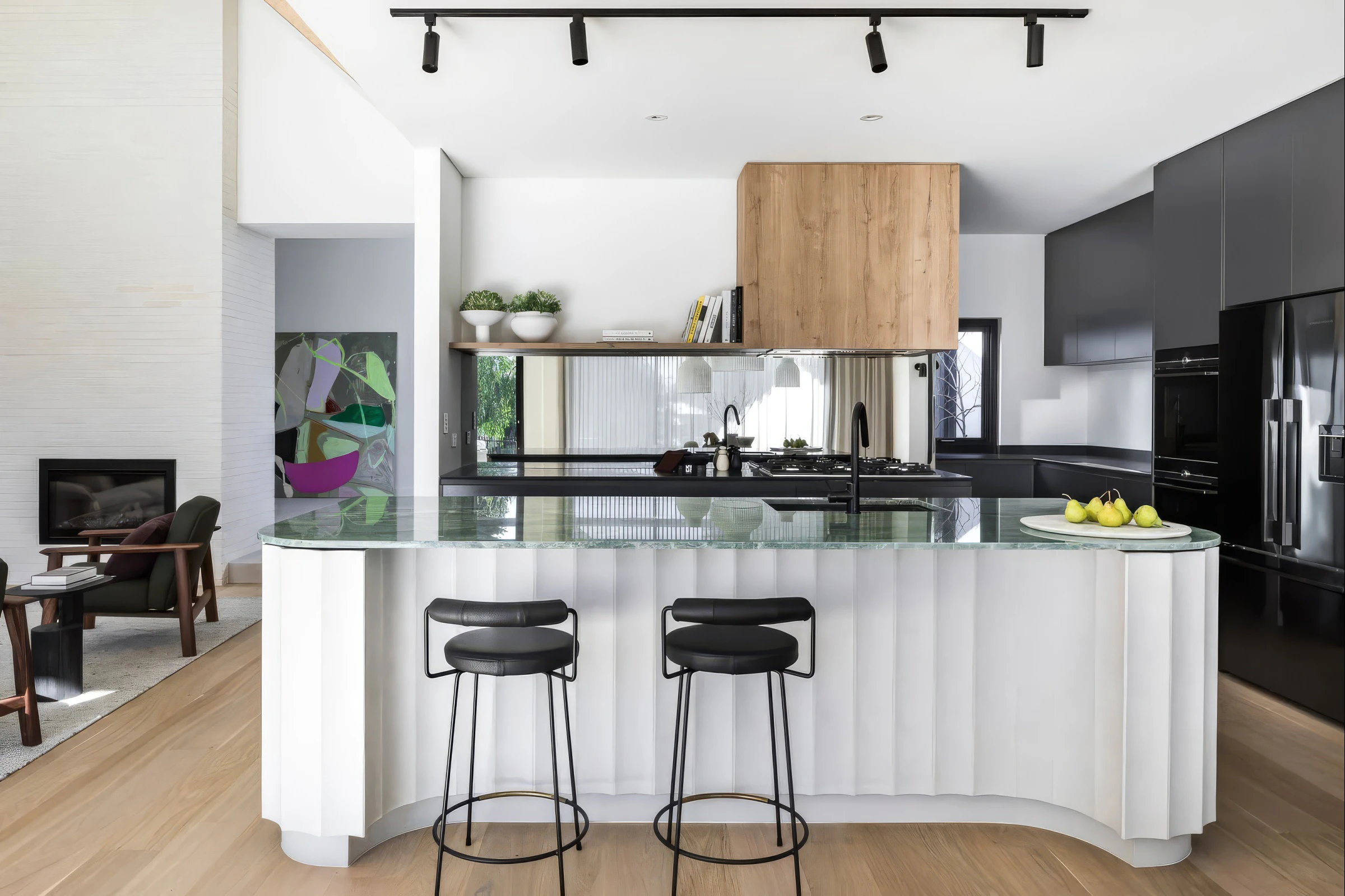 Green quartzite kitchen island and fluted concrete base in Peppermint Grove home