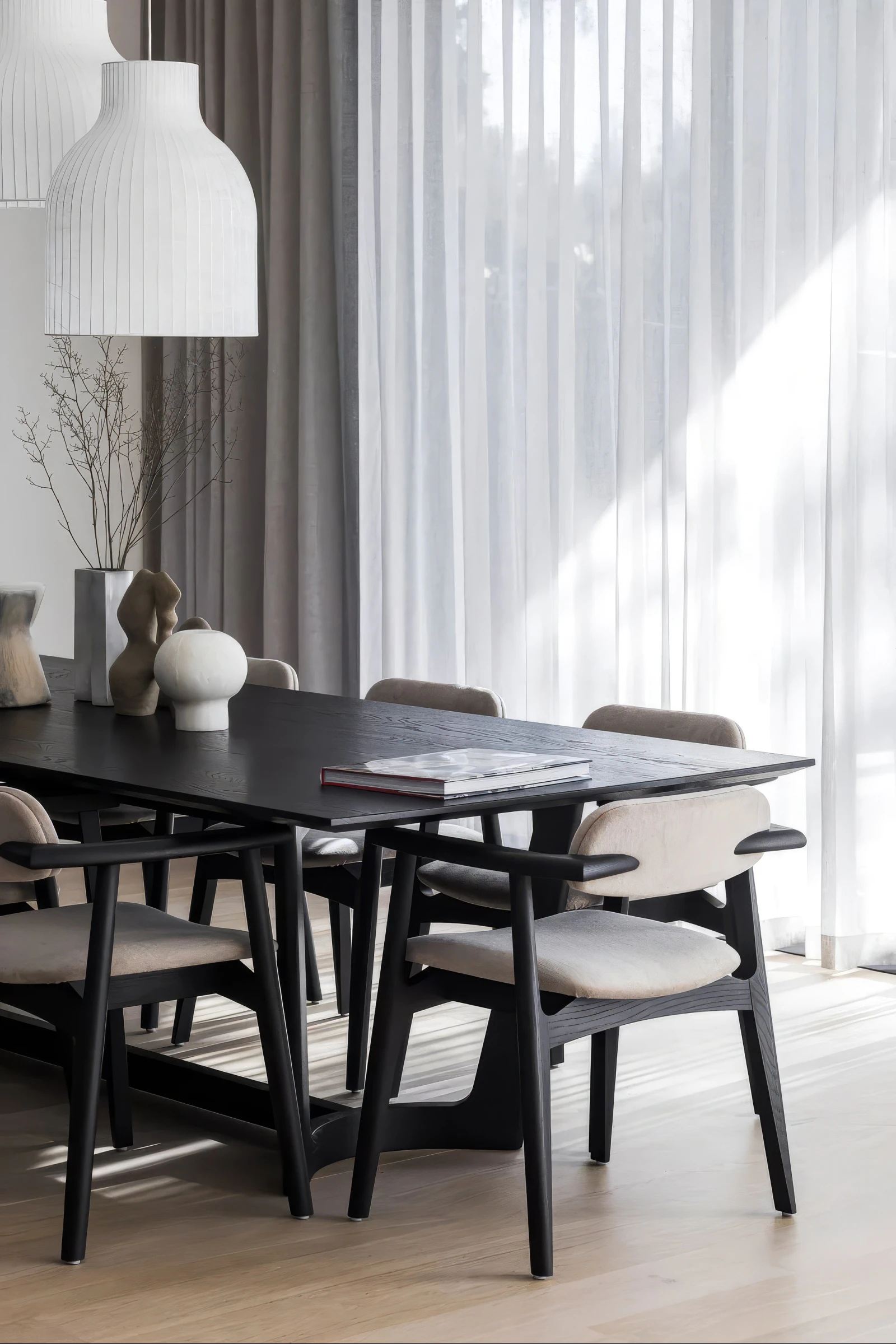 Dining room timber table and sheer curtains in Peppermint Grove home