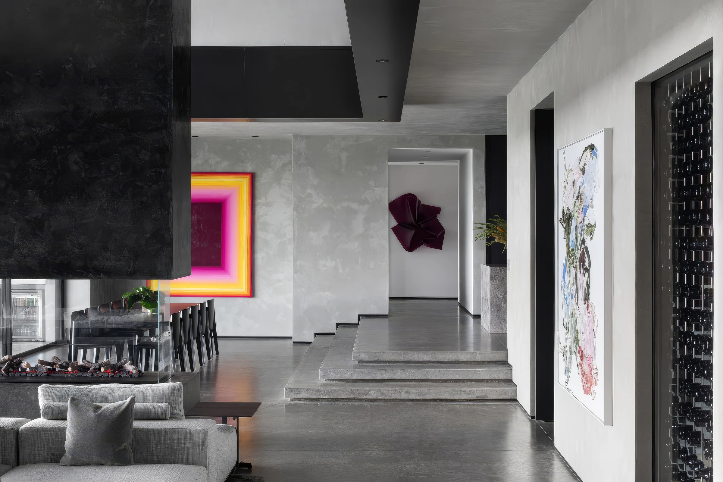 Open-plan interior featuring concrete floors, fireplace and wine wall