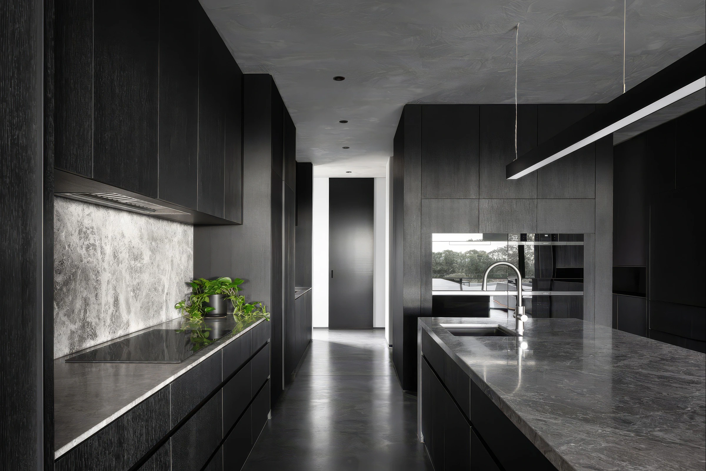 Dark kitchen interior featuring stone island and black cabinetry