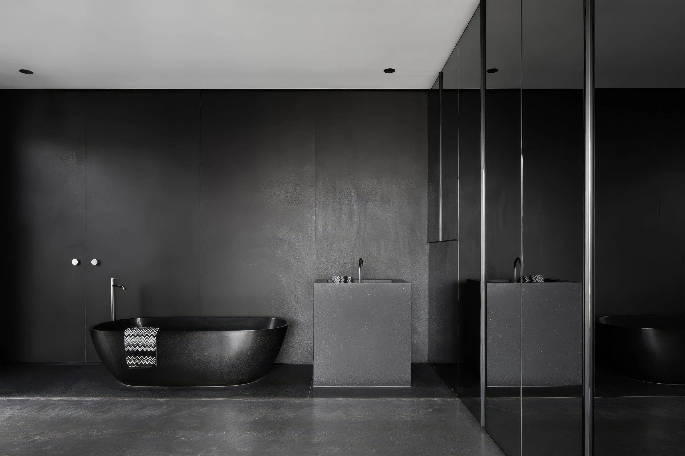 Black bathroom interior featuring freestanding bath and stone basin