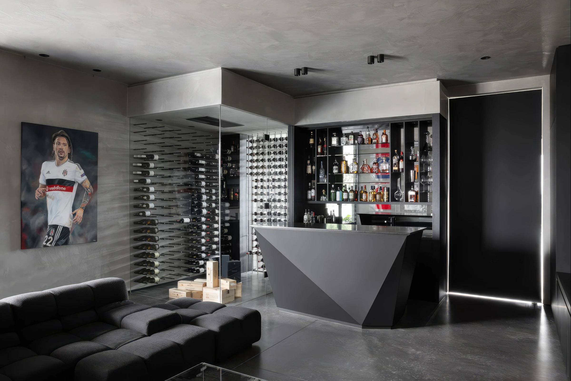 A faceted black bar and a glass-lined wine cellar