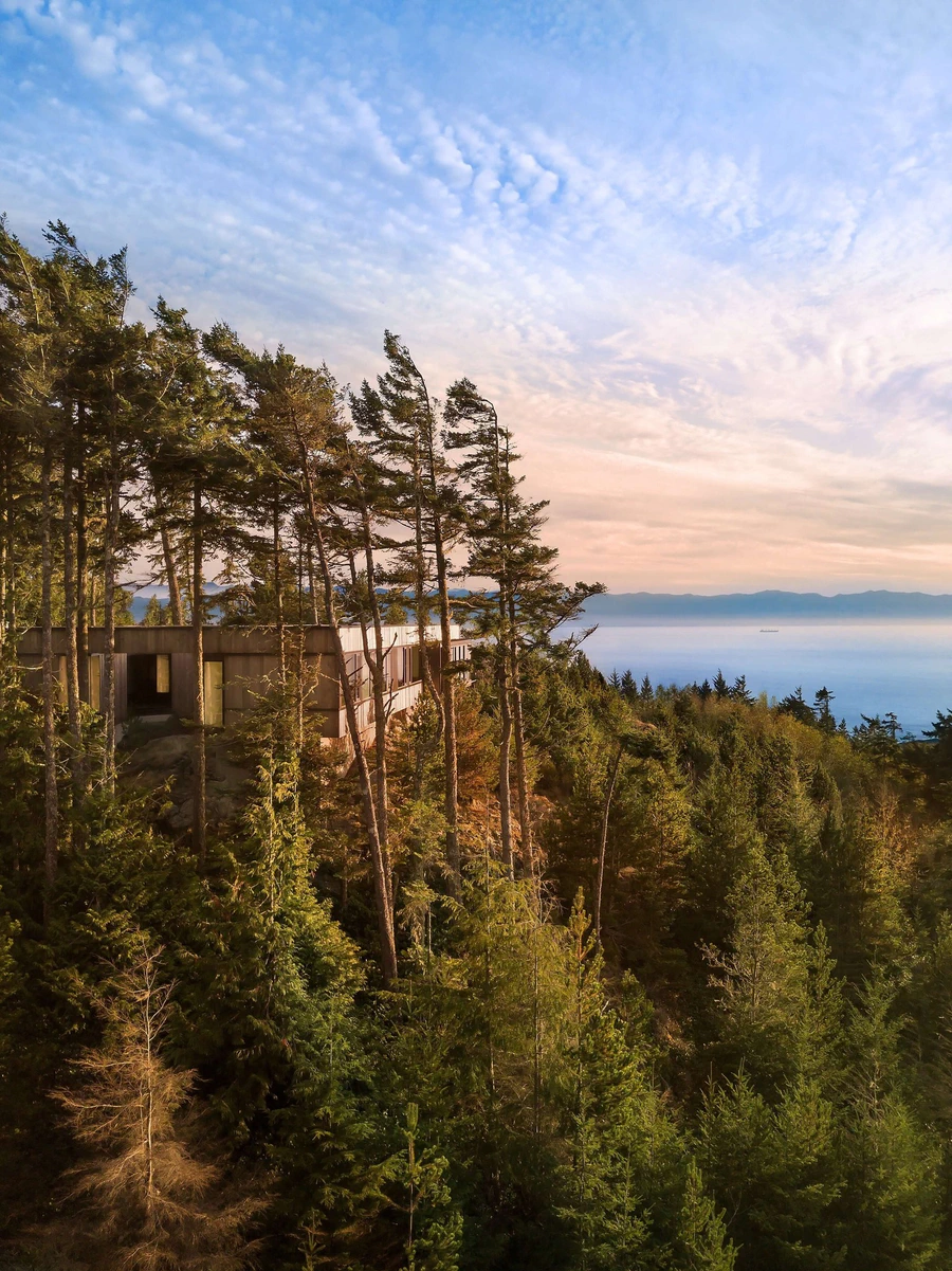 Modern house among tall trees on a hillside overlooking water and distant mountains