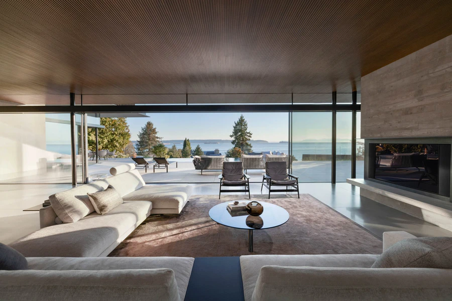 Open-plan living room facing West Vancouver waterfront views
