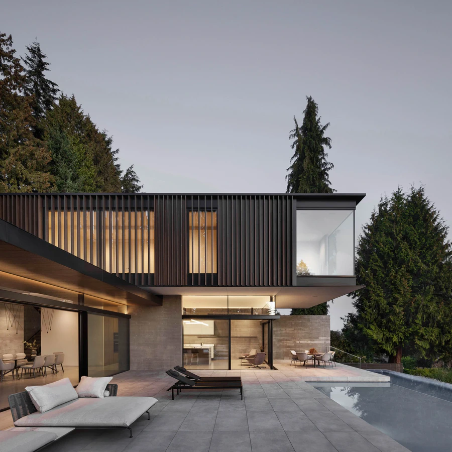 Contemporary house exterior featuring patio and swimming pool