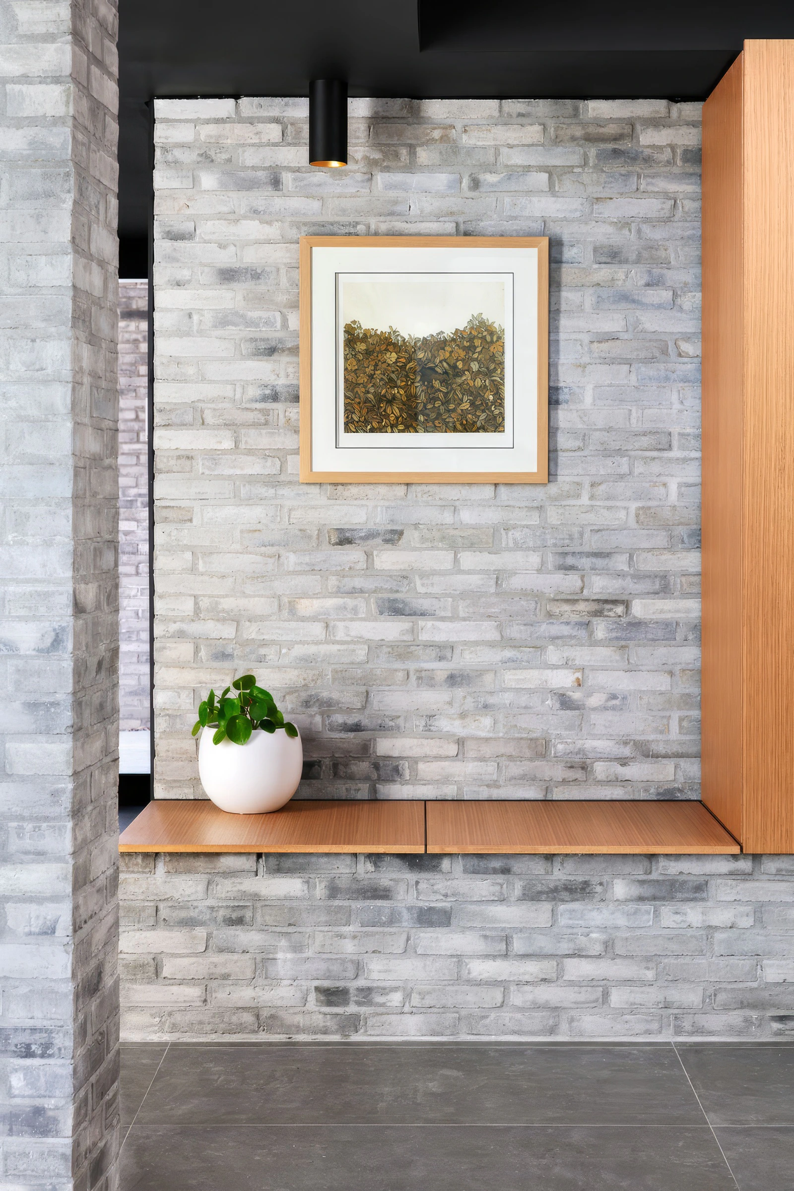 Indoor modern interior with grey brick feature wall, framed artwork, potted plant, and wooden shelf.