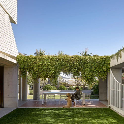 Outdoor patio dining area under green vine pergola