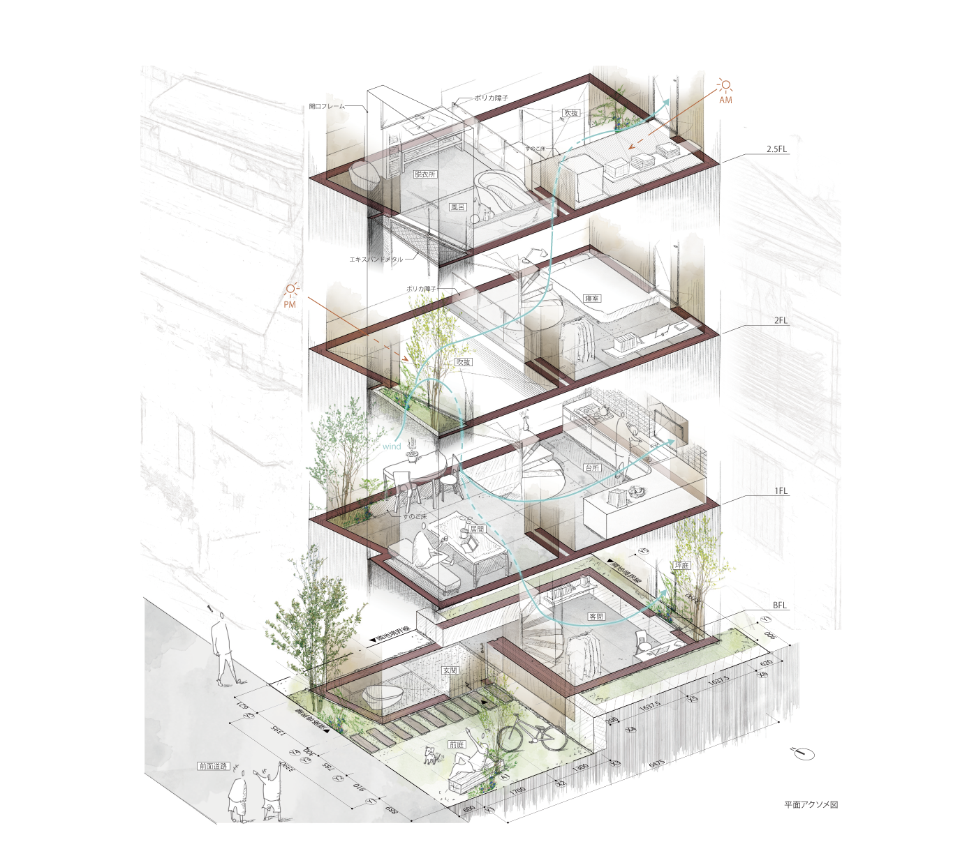 Vertical machiya house sectional diagram showing central void and airflow