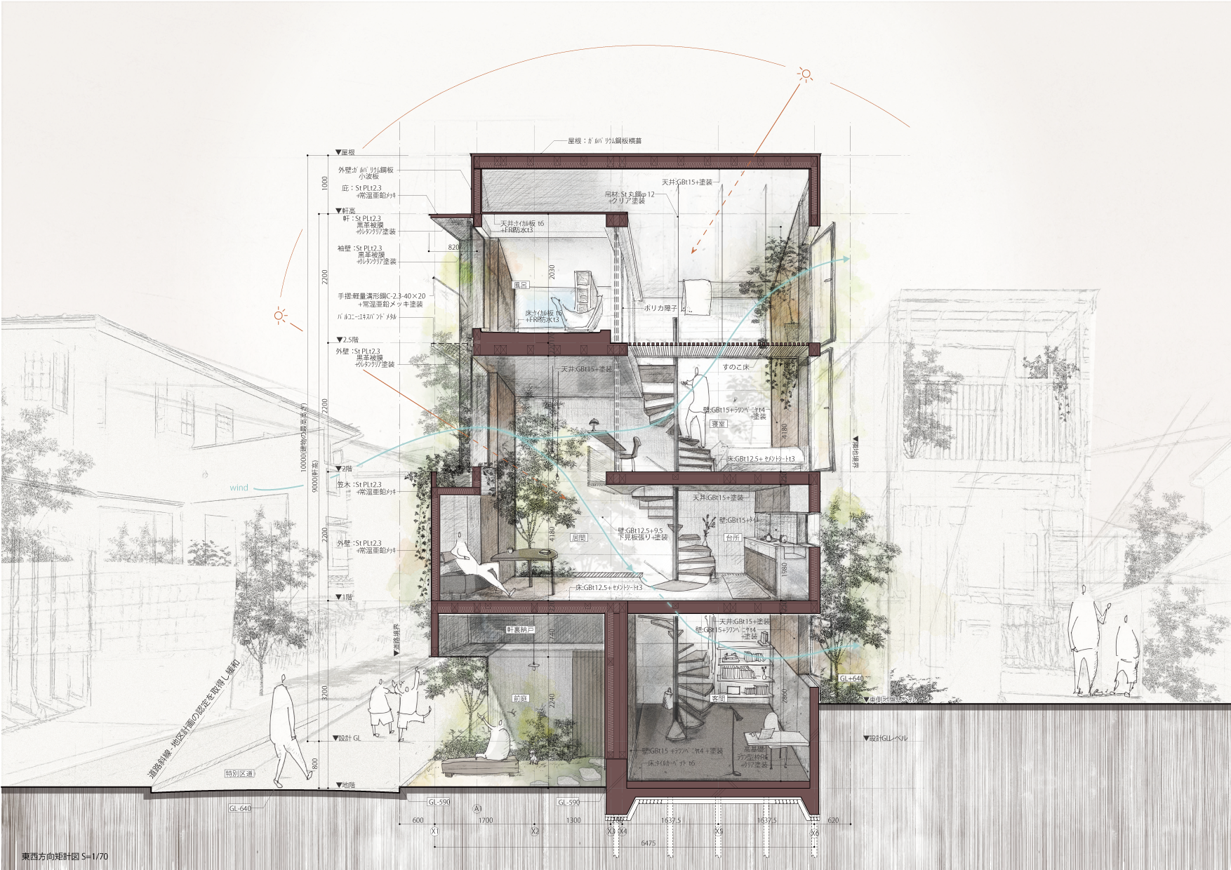 Vertical machiya house section drawing showing central void and stair