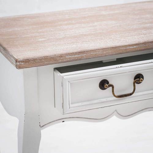 Consolle Ingresso Shabby Chic Vermont - Particolare del top in legno sbiancato, di cassetto e maniglia