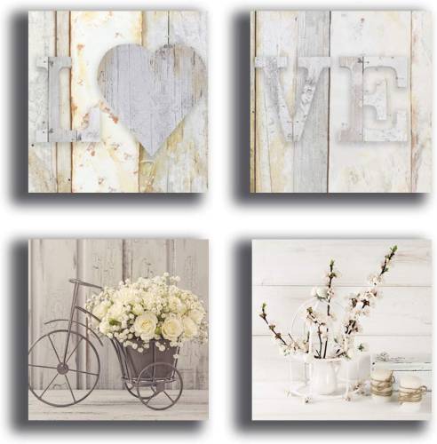 Quadretti da parete Shabby Chic per cucina Love Bicicletta Fiori - 4 pezzi da 30x30 cm.