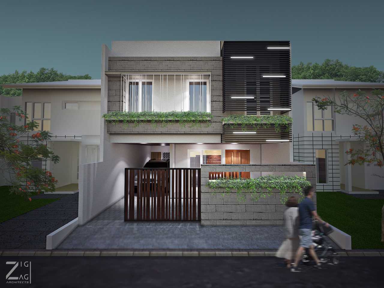 Zigzag Architecture Studio Box House  Ciledug, Kota Tangerang, Banten, Indonesia Ciledug, Kota Tangerang, Banten, Indonesia Front View Rendering Contemporary 41119