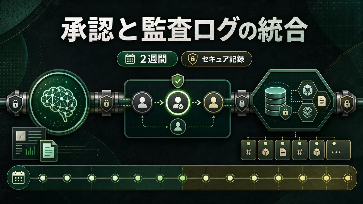 監査ログの自動記録と人間の承認フローが統合されたセキュアな業務プロセス図