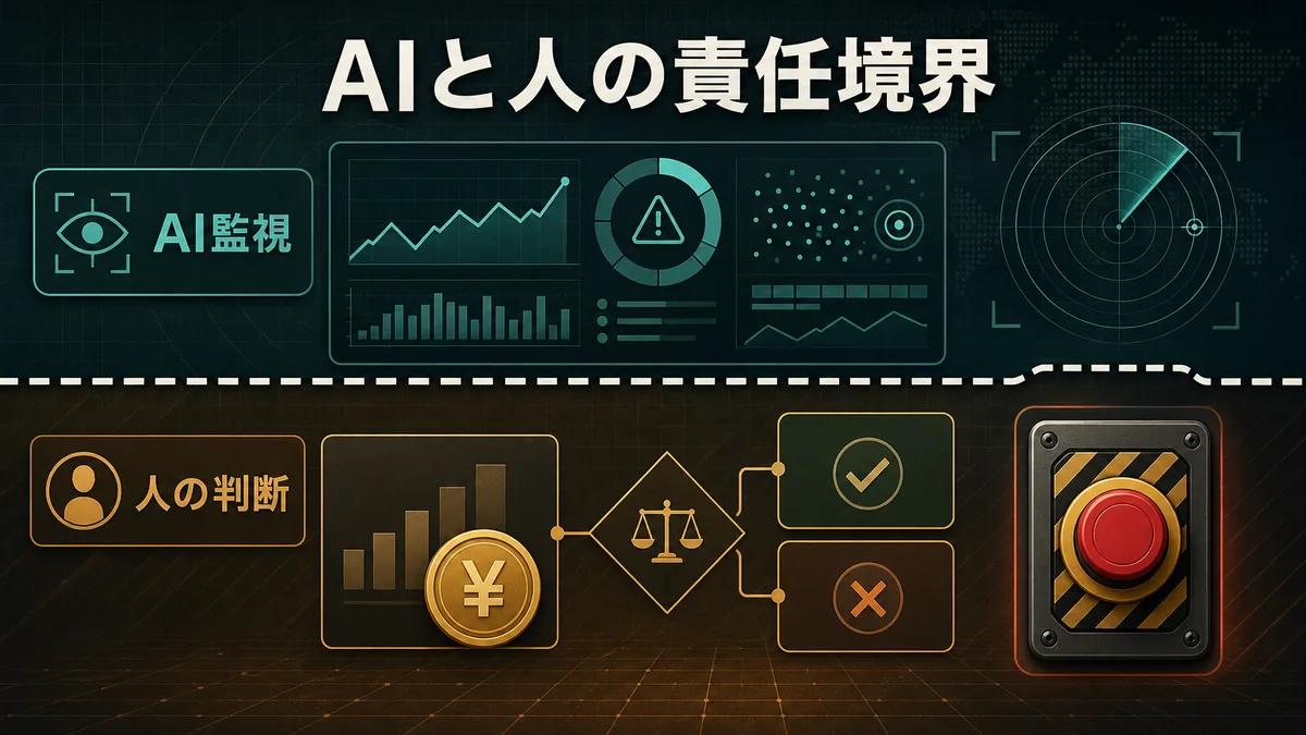 AIの監視自動化と人間の緊急停止判断の責任境界を示す図