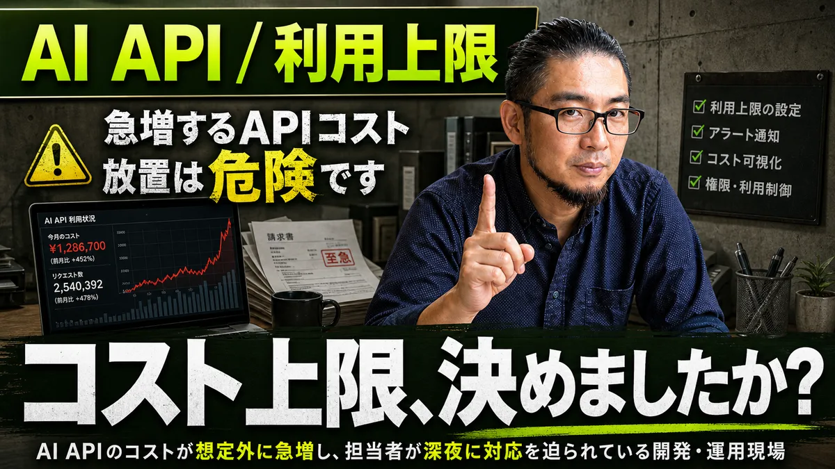 深夜の開発デスクでAI APIのコスト急騰アラートを確認する担当者