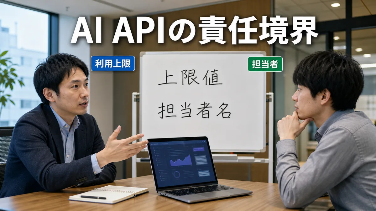 会議室でAI APIの利用上限と担当者を決める打ち合わせ