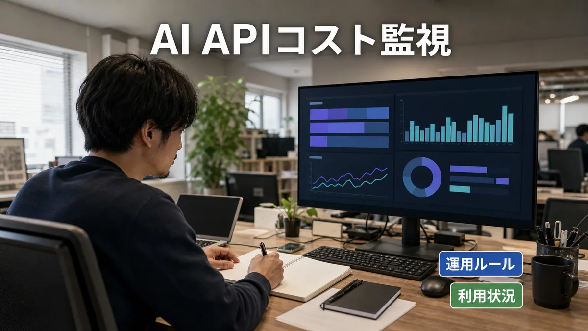開発チームがAI APIの利用状況ダッシュボードを確認しながら運用ルールを整備する場面