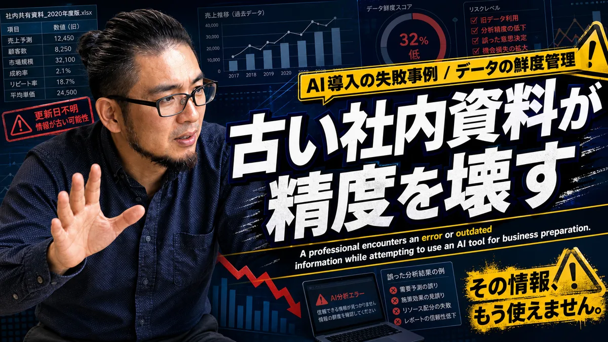 古い社内資料やデータベースを確認しながらパソコンの前で頭を抱えるビジネスパーソン