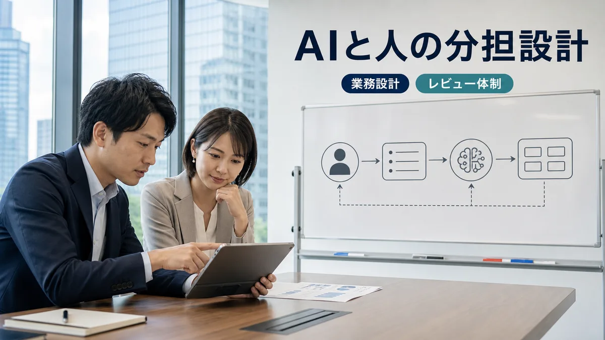 意思決定の役割分担についてホワイトボードの前で話し合う二人のビジネスパーソン