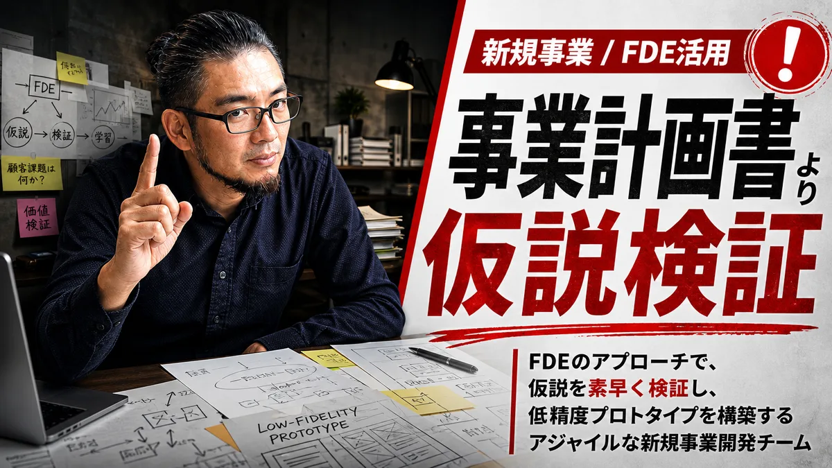 新規事業チームがAIとFDEの手法を用いて仮説検証の優先順位を協議する様子