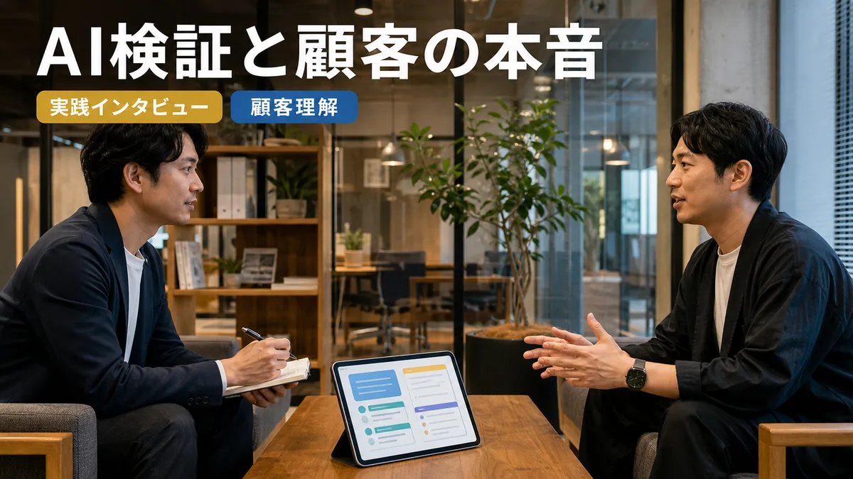 顧客ヒアリングの現場でAIが整理した検証項目を手に人間が判断を下す様子