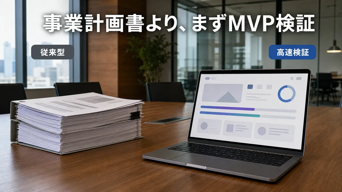 分厚い事業計画書と迅速に動くプロトタイプ画面の対比