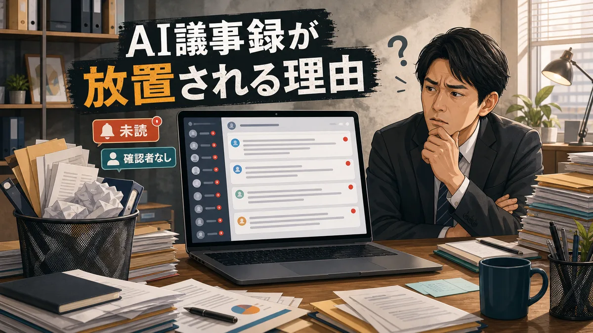 チャットツール上の未読のAI議事録要約を見て困惑するビジネスパーソンの様子