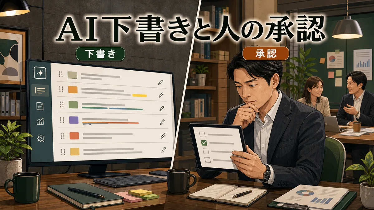 AIが作成したToDo下書きをタブレットで確認して最終決定を下すチームリーダーの様子