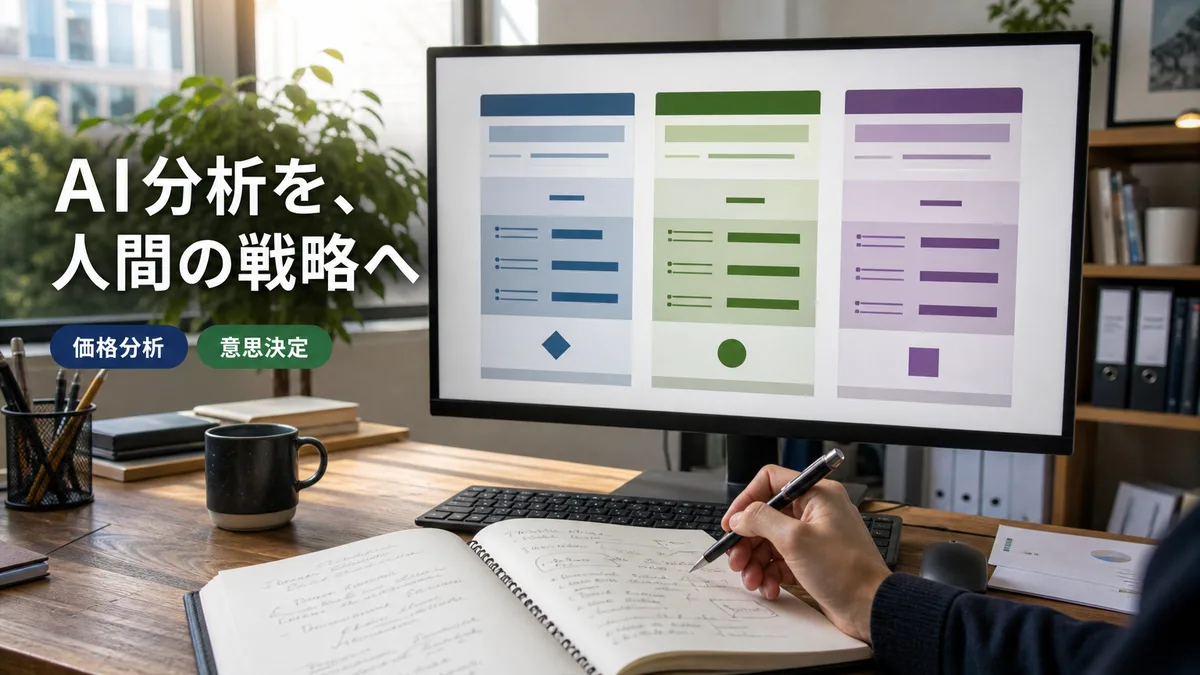 モニターに表示された競合他社の料金比較表を見ながら、自社の価格戦略をノートに手書きで練る様子