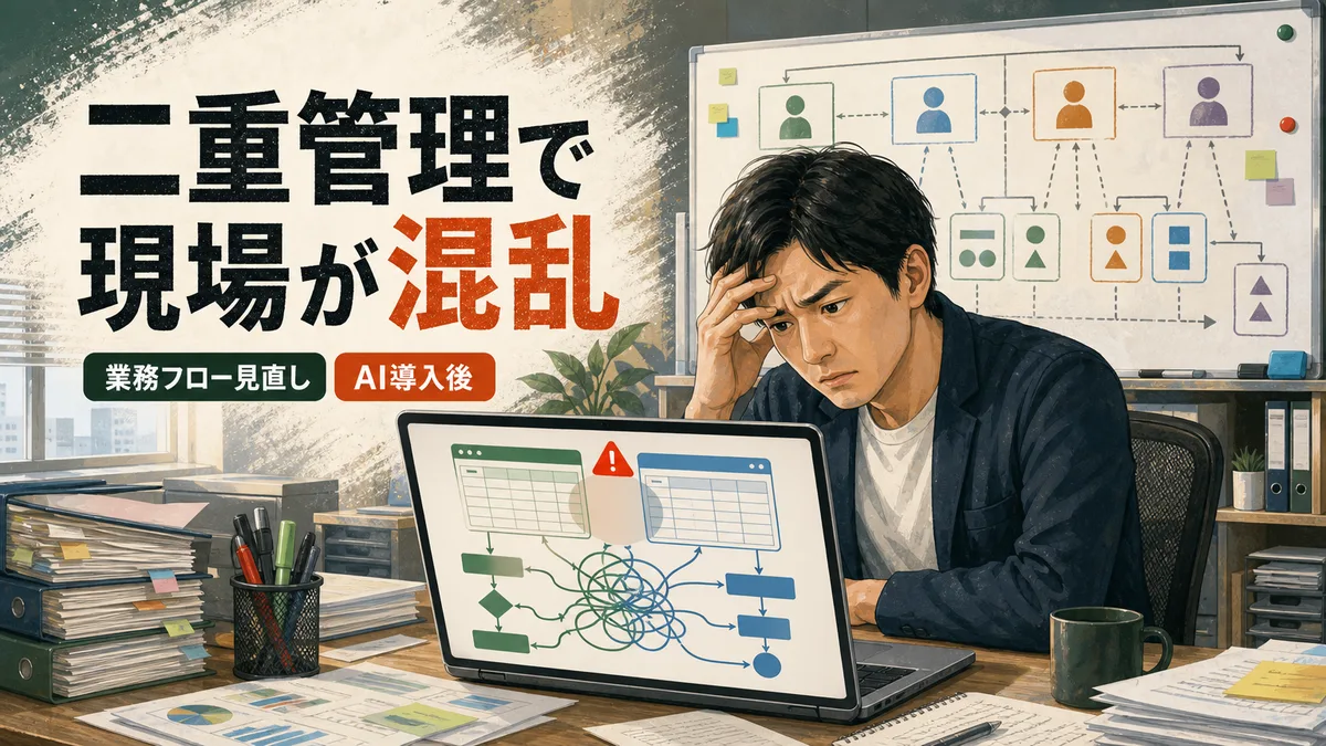 AIツール導入による二重管理の混乱とホワイトボードに描かれた役割分担図