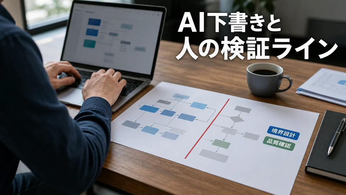 AIと人間の役割分担を定義した業務フロー図を確認する様子