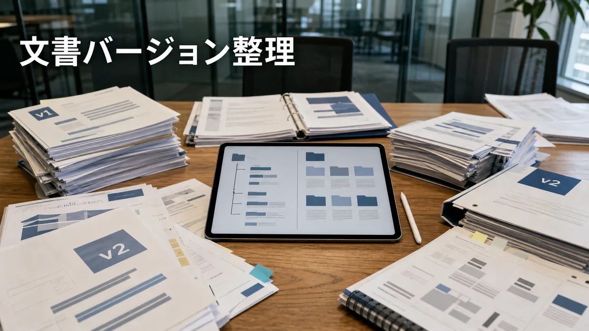 バージョンが混在する社内資料とタブレット端末が置かれた会議室の机