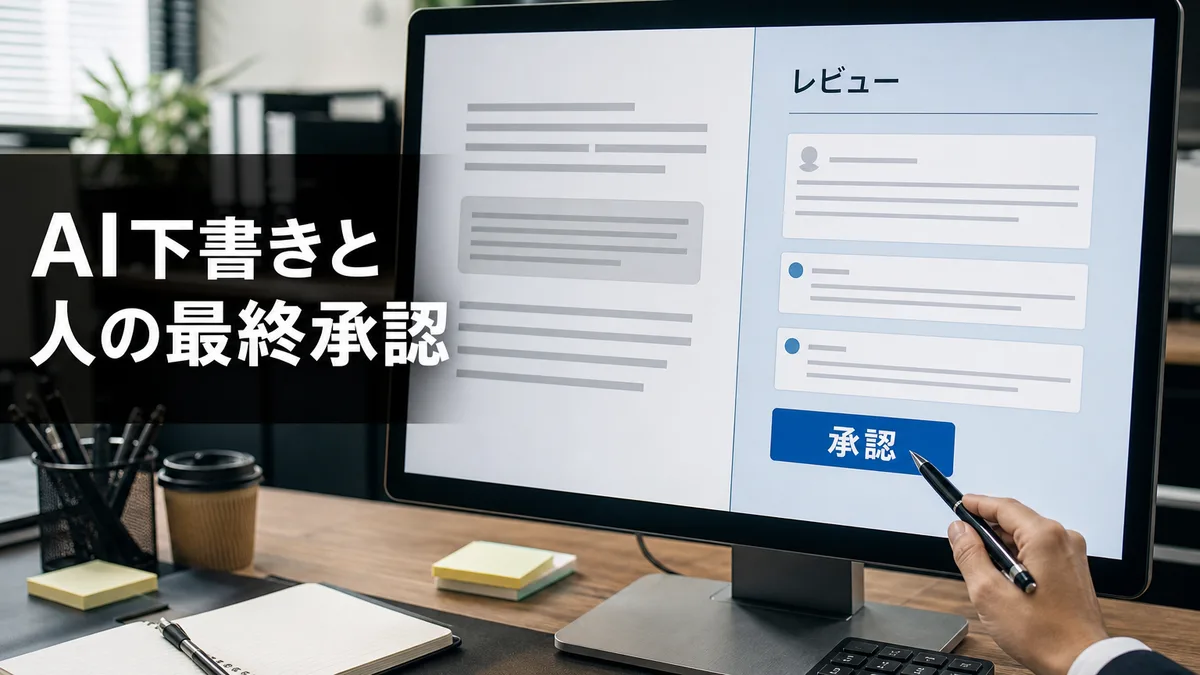 AIの作成した下書きと人間の確認ボタンが並ぶ分割画面モニターのクローズアップ