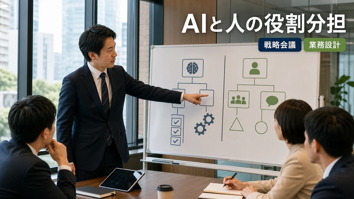 会議室でAIの役割と人間の責任範囲をホワイトボードで整理する管理者の様子