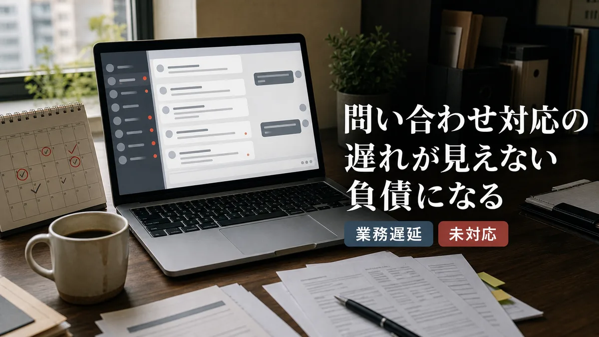 返信待ちのチャット画面が開かれたままのパソコンとオフィスデスクの様子