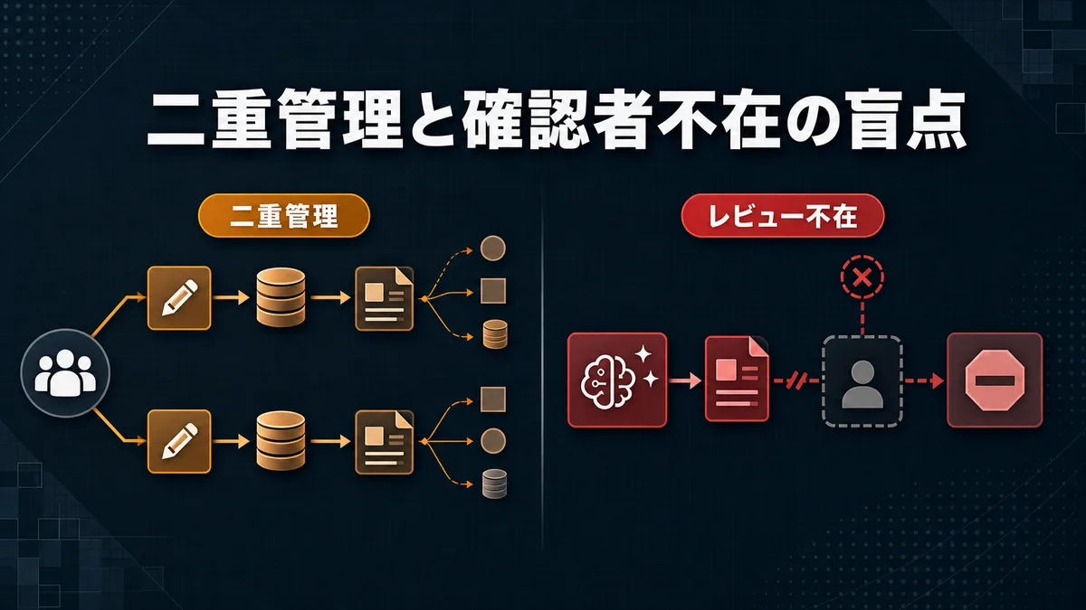 既存ツールとAIツールの二重管理によるデータの乱れと、確認者不在で途切れたフローを示す図。