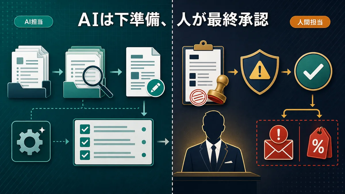 AIが担当する下書き作成エリアと、人間が担当する最終承認エリアを明確に分けた役割分担図。