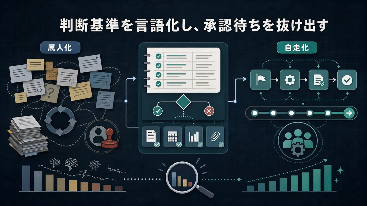 属人化した知識がAIフィルターを通じて整理された判断基準へと変換されるプロセスを示す図。